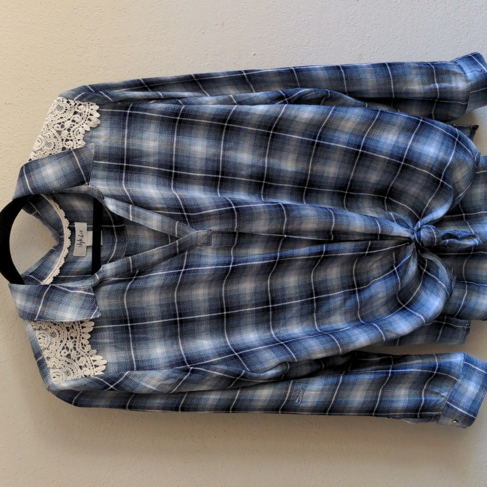 Style & Co Plaid Crochet Detail Long Sleeve